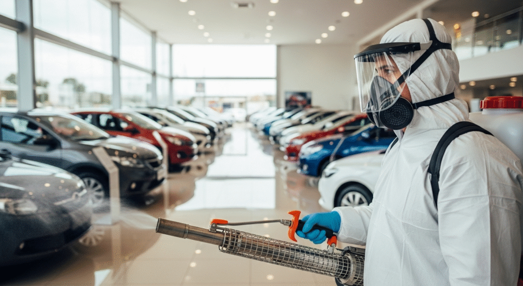 Técnico da YOFEL SOLUÇÕES ANBIENTAIS realizando serviço de dedetização profissional em ambiente comercial de SÃO PAULO E GRANDE ABC.
