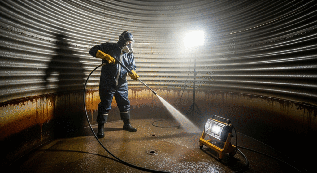 Profissional de YOFEL SOLUÇÕES AMBIENTAIS limpando e higienizando caixa d'água industrial em SÃO PAULO E GRANDE ABC.