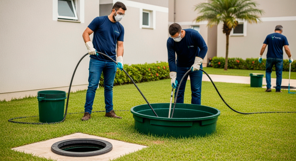 Técnico de YOFEL SOLUÇOES AMBIENTAIS desentupindo ralo de pia com máquina profissional em MAUA, SÃO PAULO E GRANDE ABC.